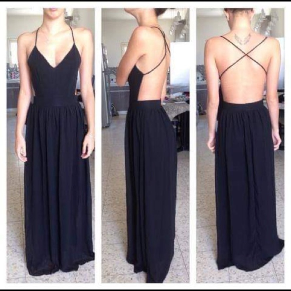 Black Long Open Back Strappy Dress